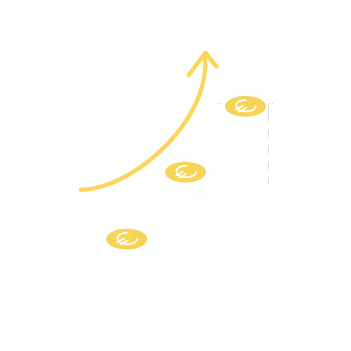 Icon of three stacks of coins, one taller than the other, topped by an upward arrow