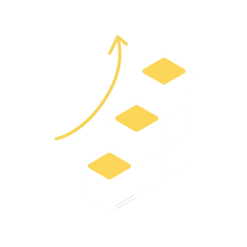 Icon with three stacks of boxes, one taller than the other, topped by an upward arrow