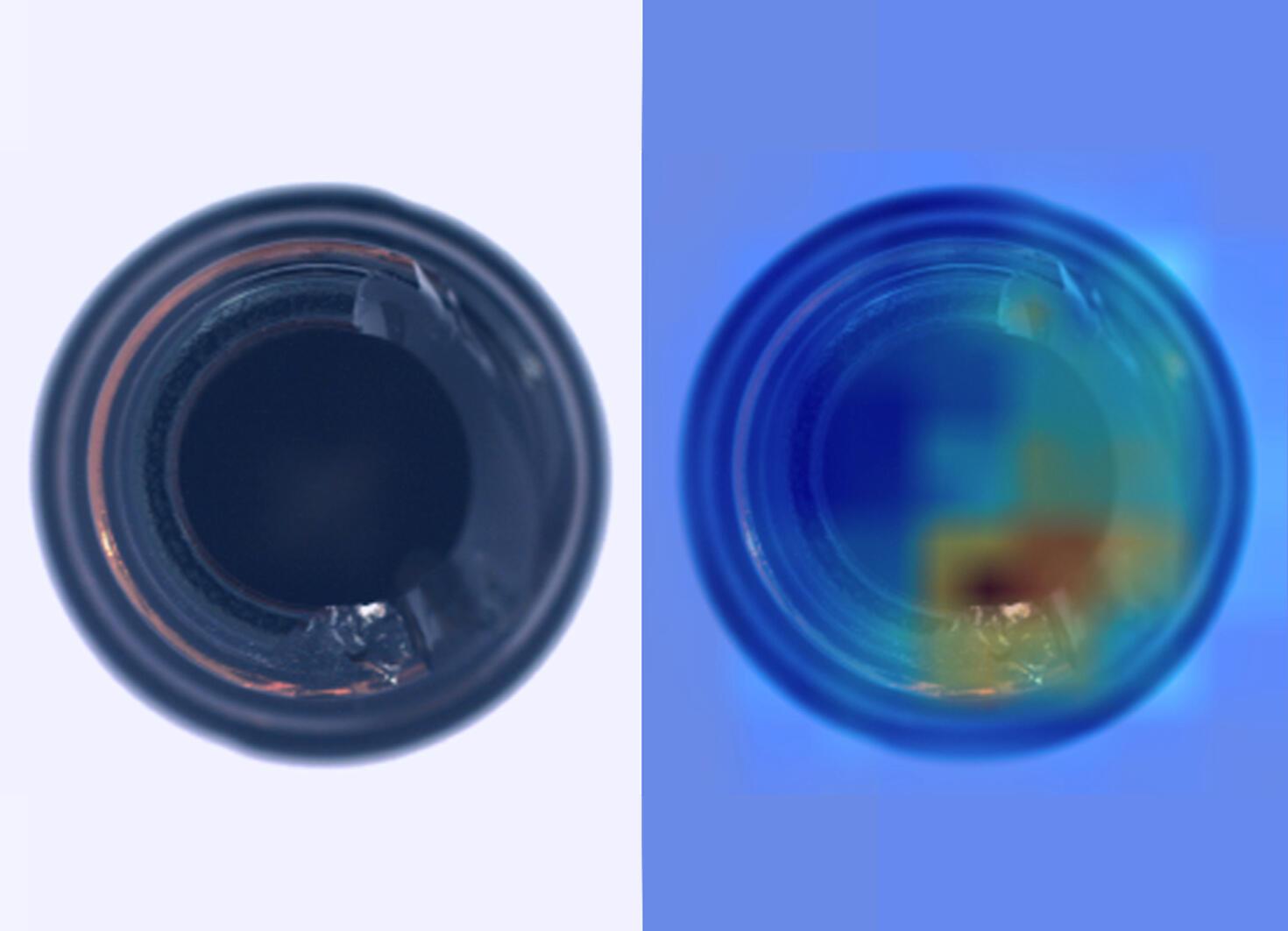 Difetti di un pezzo meccanico mostrato in bianco e nero e con heat map