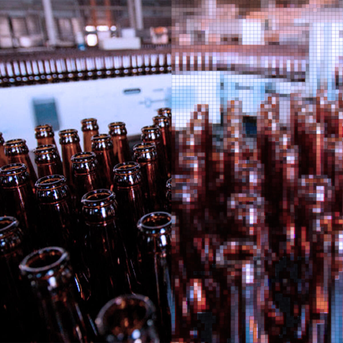 Bottles on the production line, broken down into pixels to facilitate analysis with algorithms