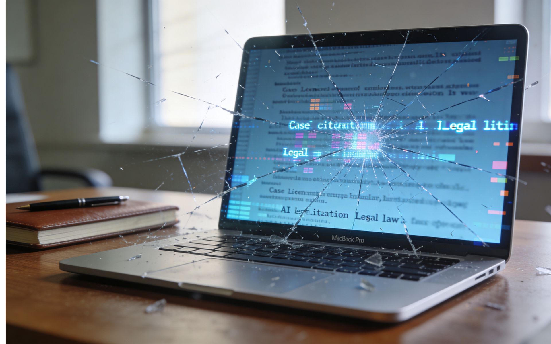 Laptop with legal text and AI‑generated content on the screen, crossed by cracks symbolizing the risks of automation bias