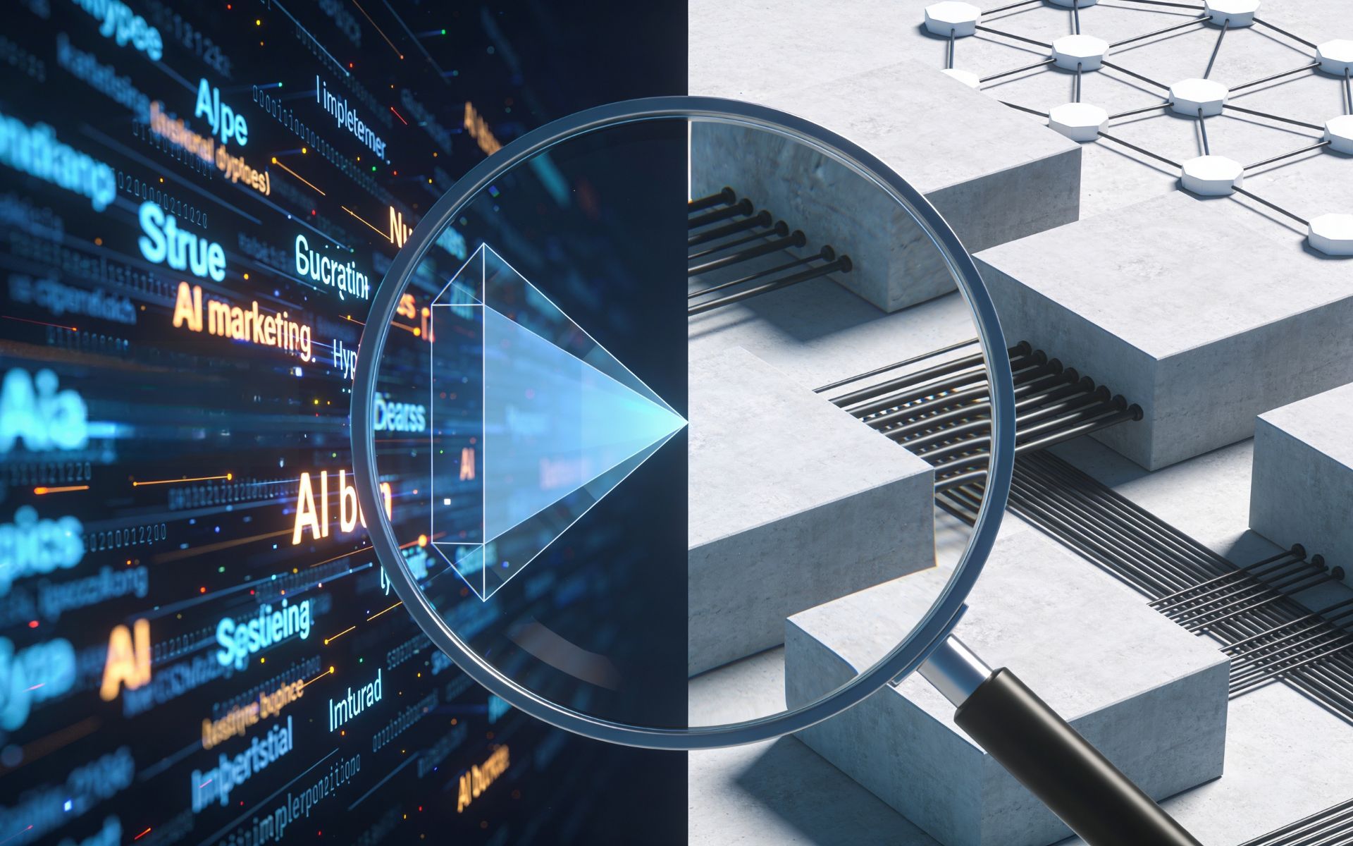 lente d'ingrandimento centrale che collega codice AI digitale e infrastruttura industriale