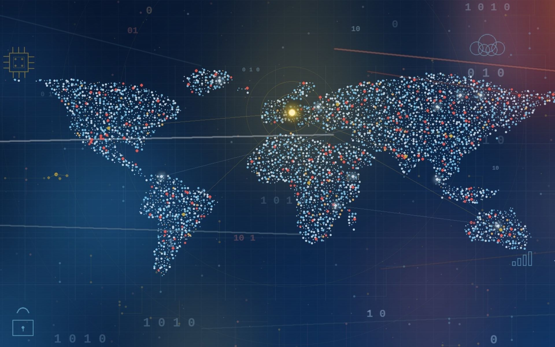 Mappa del mondo digitale con rete di dati e Unione Europea al centro, a simboleggiare la portata globale della normativa UE sull'intelligenza artificiale (AI Act)