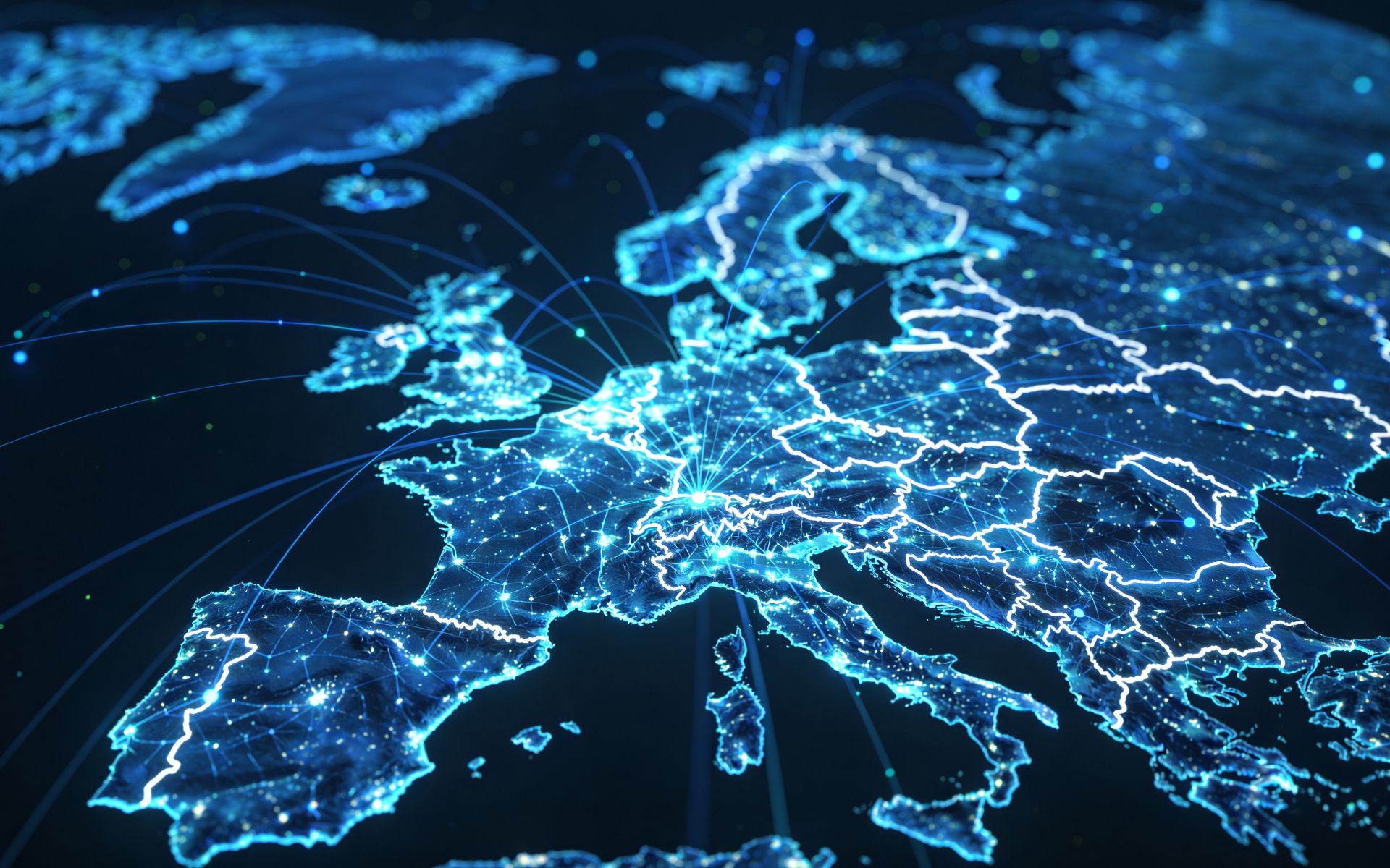 Rete digitale blu con mappa dell’Europa, a rappresentare sovranità digitale europea, sicurezza dei dati e intelligenza artificiale.