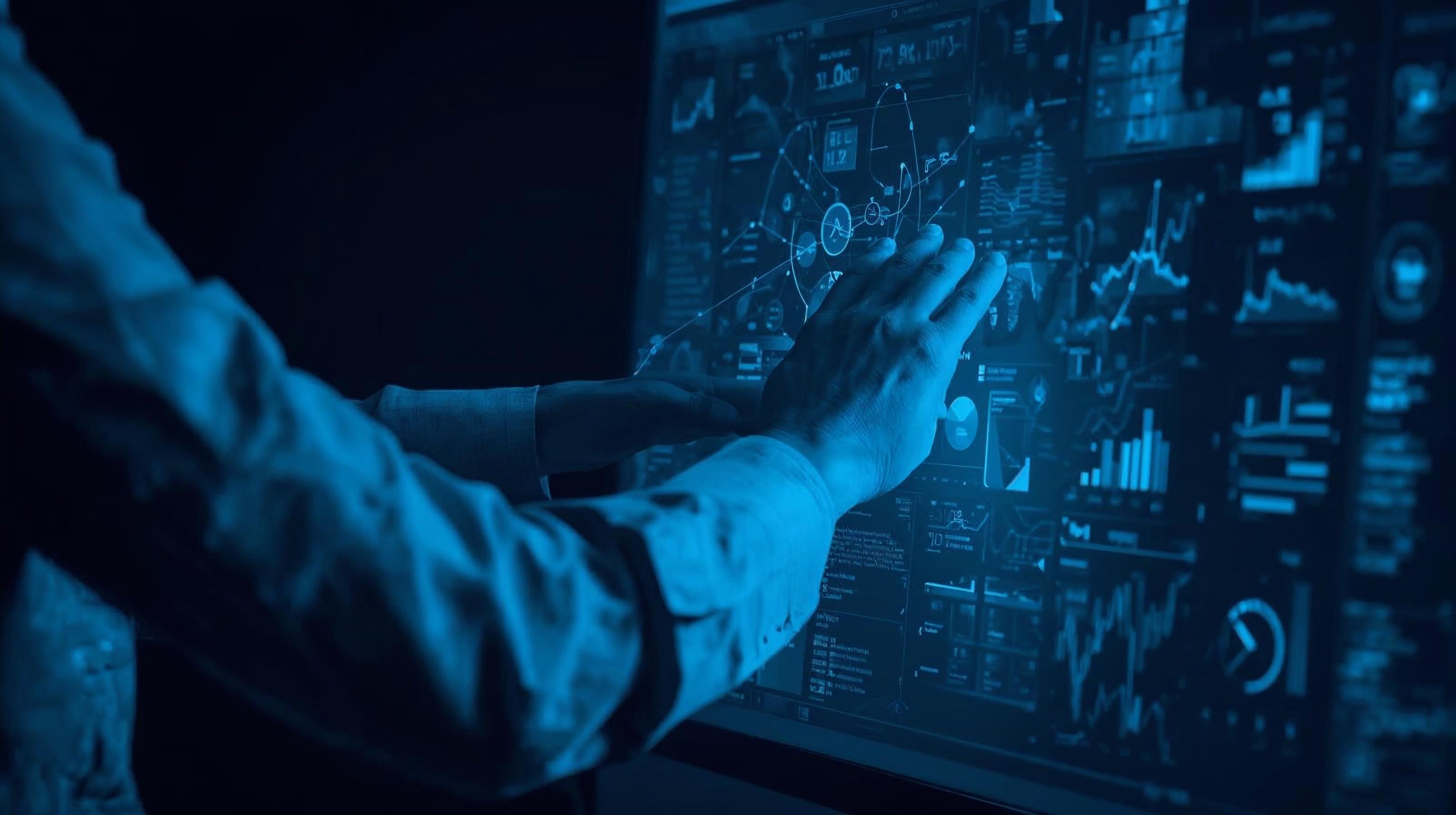 Immagine futuristica di una persona che tocca lo schermo di un monitor pieno di grafici e dati