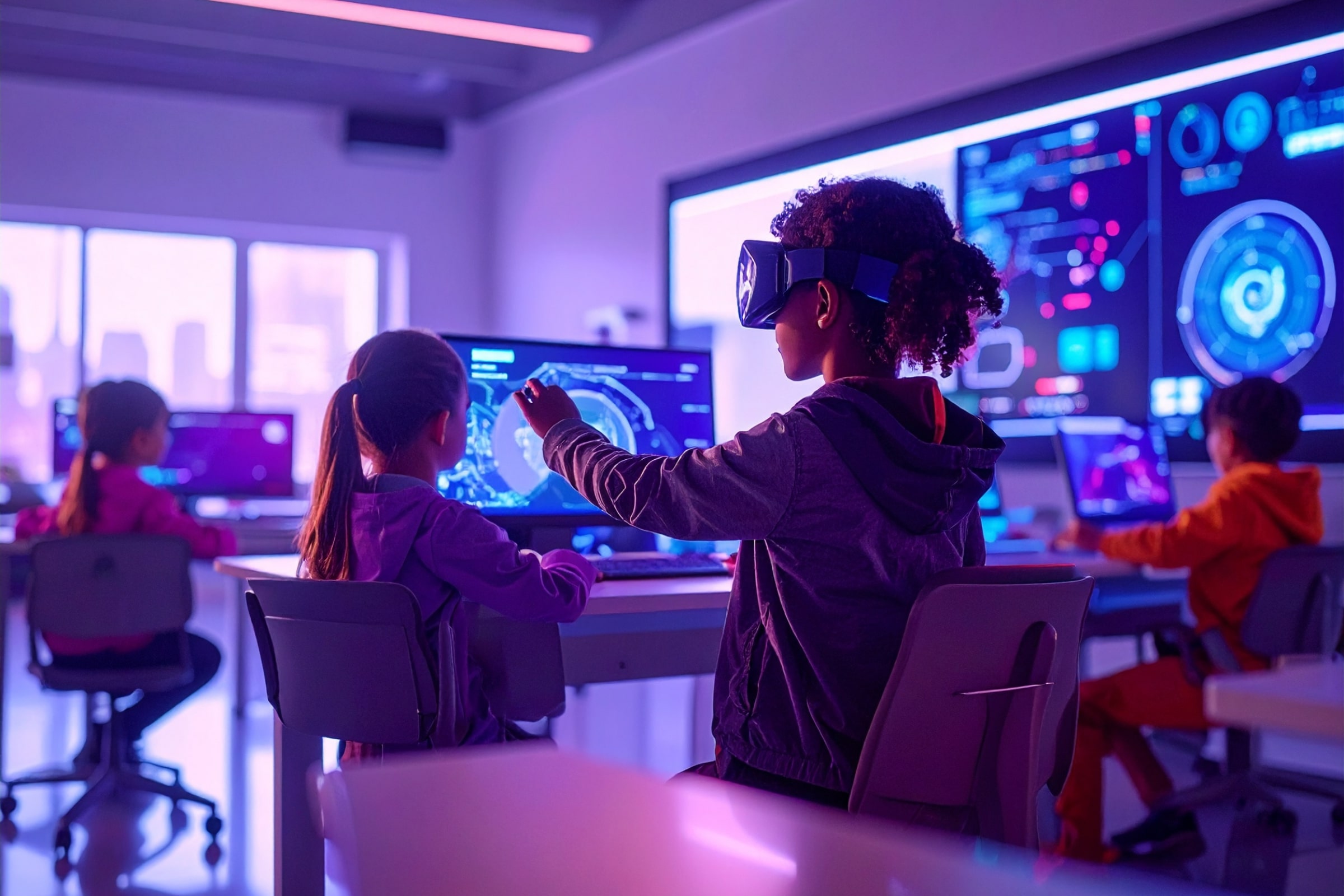 Bambini in classe che usano computer e realtà virtuale per apprendere con l’intelligenza artificiale.