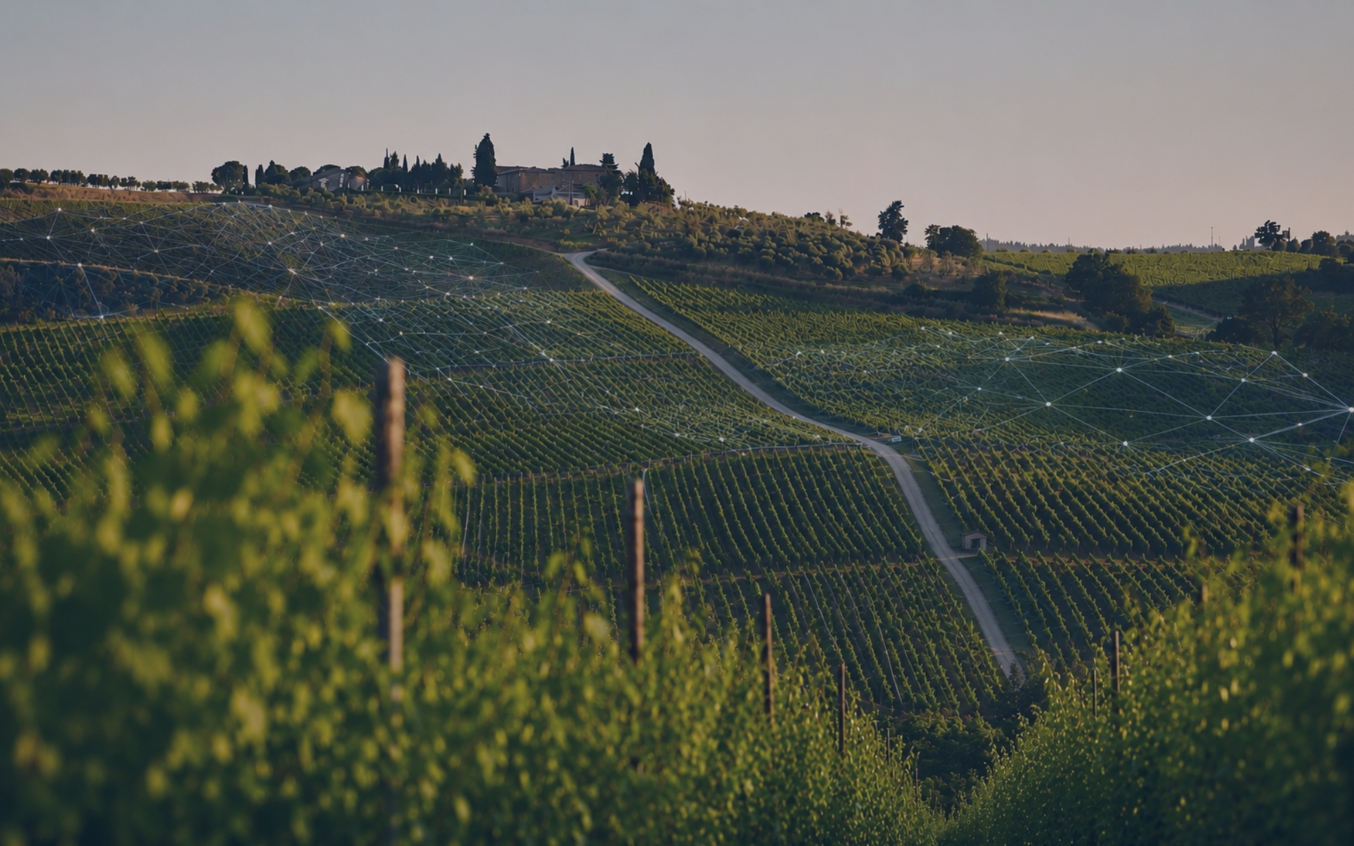 Legge IA Toscana: vigneto sulle colline toscane con rete digitale che rappresenta l'intelligenza artificiale