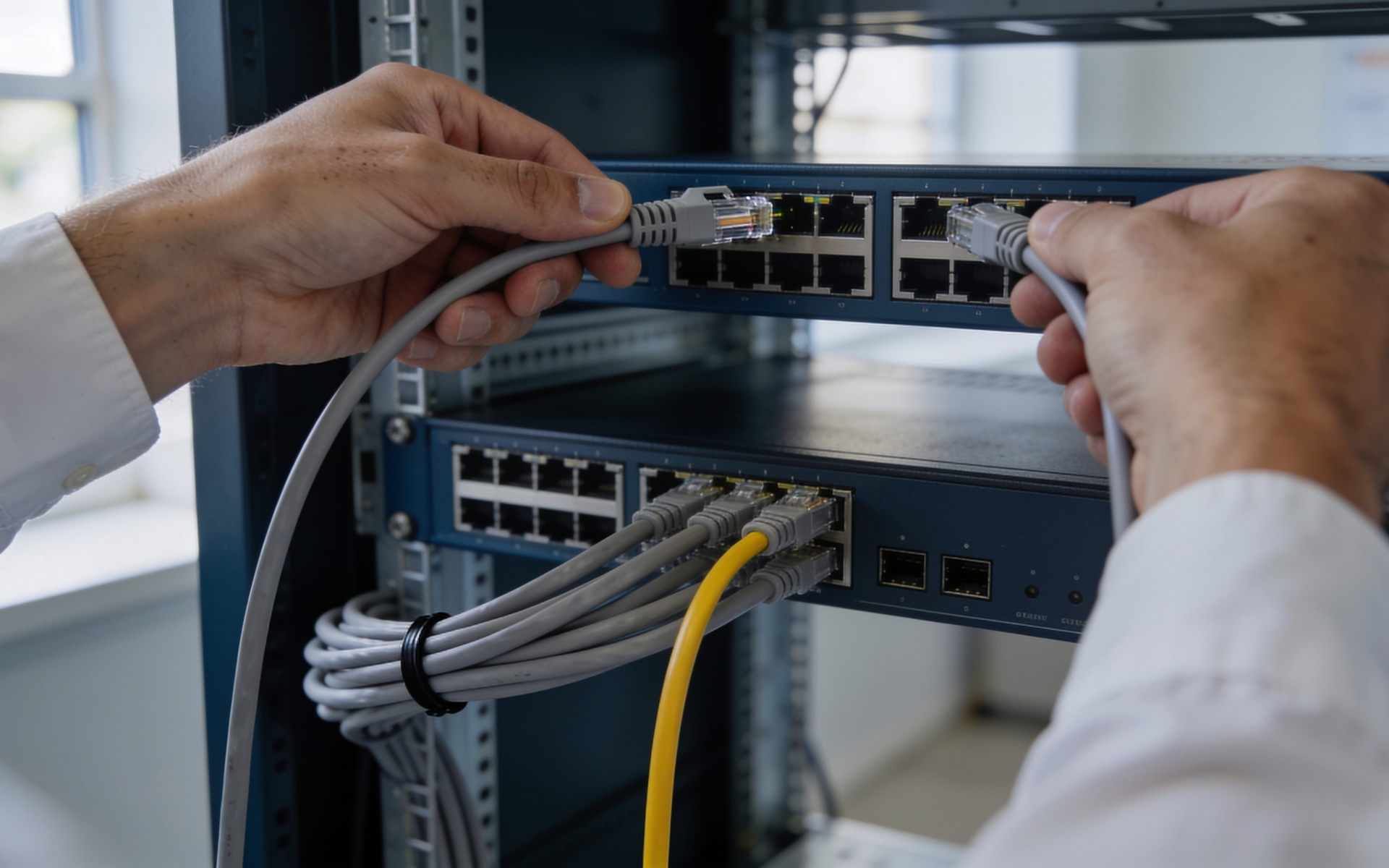 Hands connecting network cables to a switch in an on-premises enterprise server rack