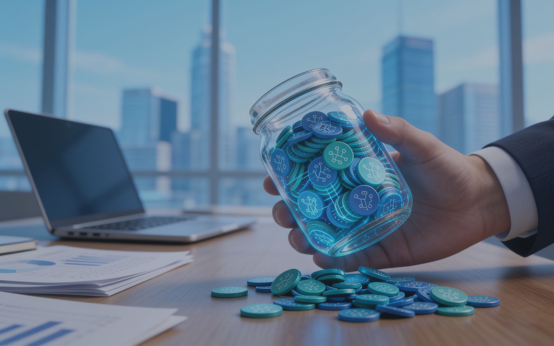 Immagine desktop con laptop su scrivania e mano che versa token digitali da un barattolo, a rappresentare il costo nascosto dei token AI nei bilanci aziendali.